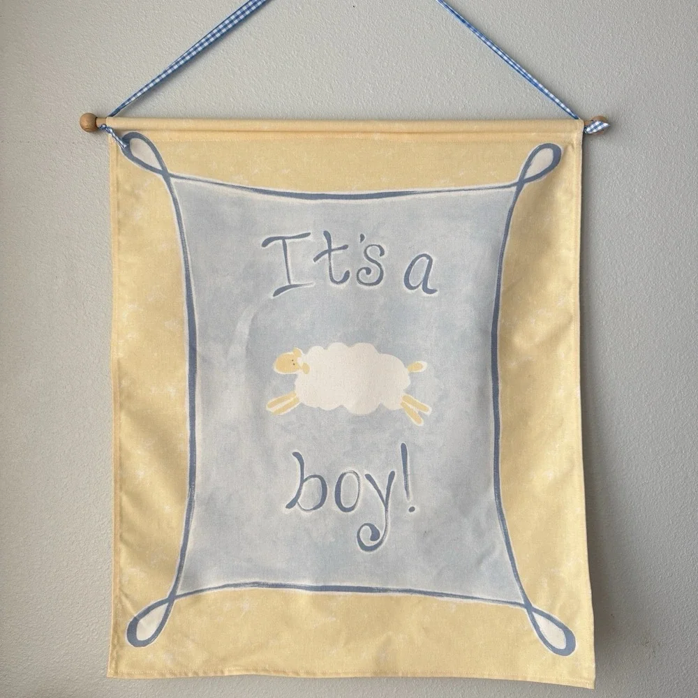 Vtg Y2k Pottery Barn Kids Baby Boy Sheep Canvas Wall Hanging‎ Art Banner Decor